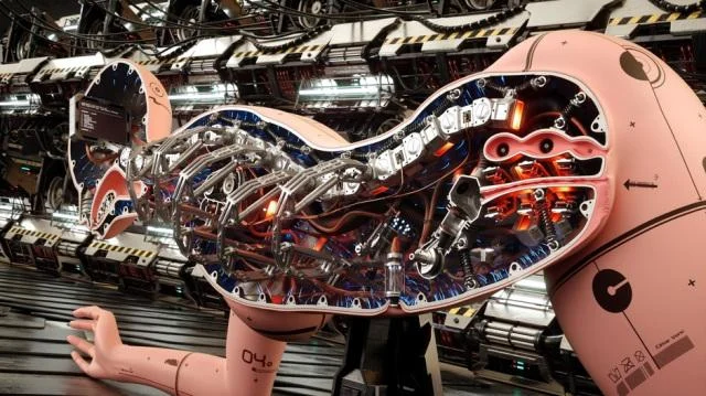 3D-printed robot with exposed internal mechanics and circuitry, set against a futuristic background.