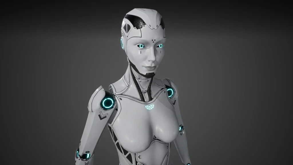 futuristic humanoid robot with glowing blue accents and a sleek design against a dark background