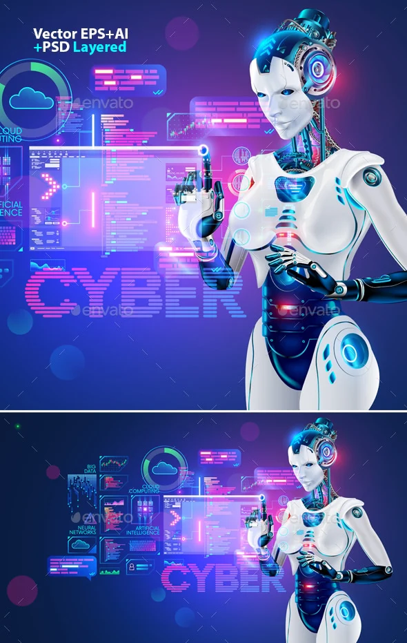 futuristic female cyborg interacting with digital data and holographic displays in a cyber-themed environment