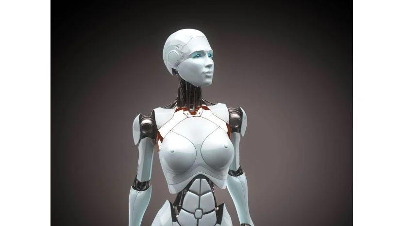 realistic humanoid robot with a sleek design and visible mechanical joints against a dark background