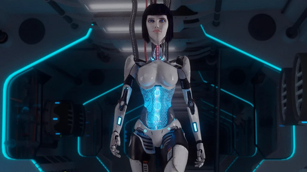 robotic woman with glowing blue circuitry, set in a futuristic corridor with neon accents