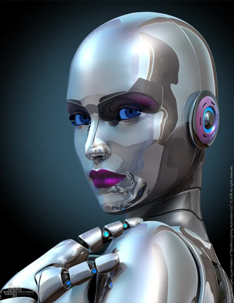 A sleek, metallic female robot with blue eyes and purple lips, set against a dark background.