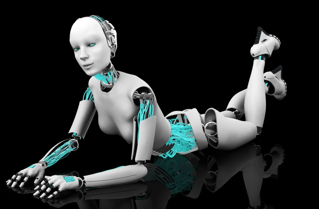 a humanoid robot with visible circuitry, posed on a reflective surface against a black background
