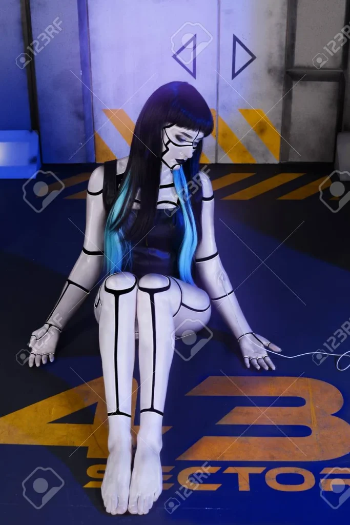 Robot woman with blue hair sits on a floor marked with "43 SECTOR," surrounded by a futuristic setting.